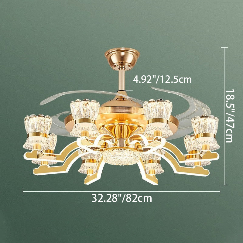 Traditional European Cylinder Iron Stainless Steel Crystal Acrylic LED Downrods Ceiling Fan Light For Living Room