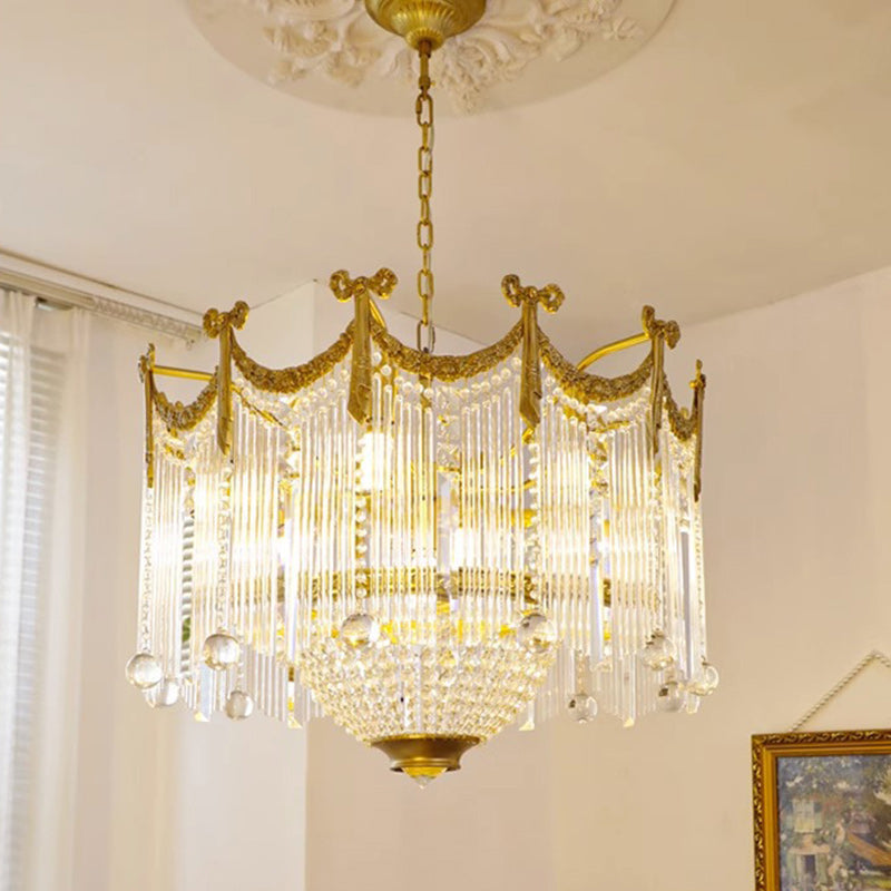 Traditionelle französische Messing-Kristall-Fliege Quaste 6/7/8 Licht Kronleuchter für Wohnzimmer 