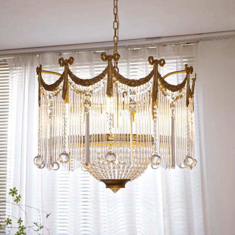 Traditionelle französische Messing-Kristall-Fliege Quaste 6/7/8 Licht Kronleuchter für Wohnzimmer 