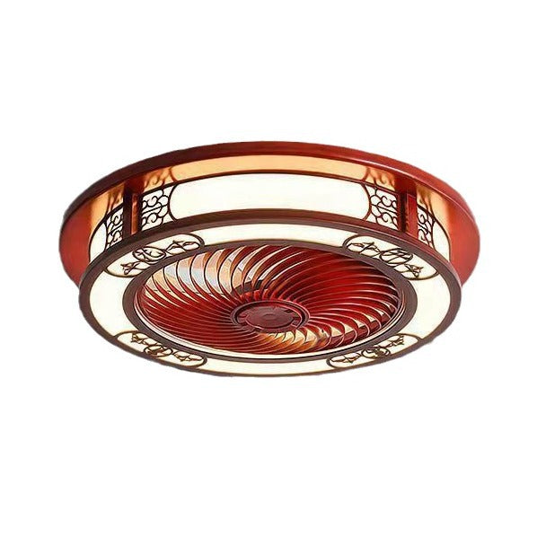 Traditionelles chinesisches rundes Wohlstandsmuster Holz Acryl Kupfer ABS LED Deckenventilatorlicht für Schlafzimmer 