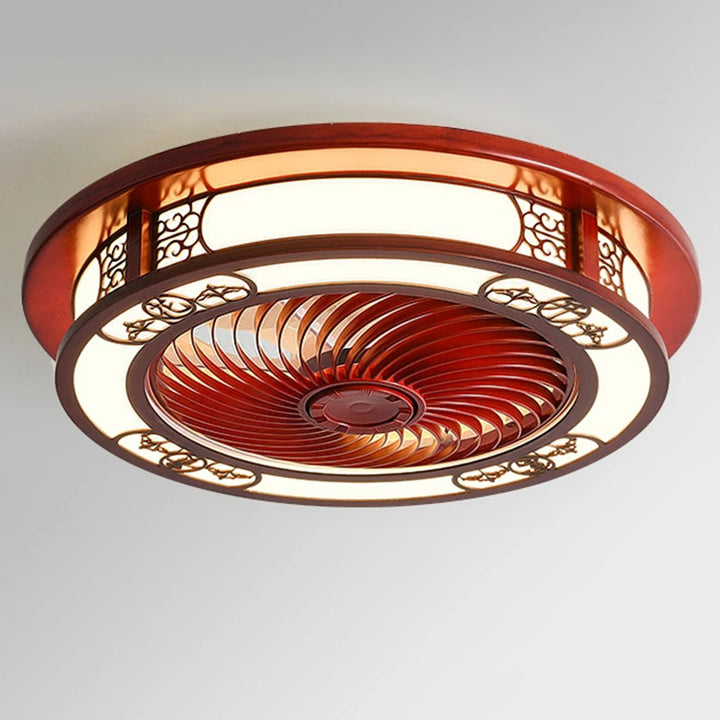 Traditionelles chinesisches rundes Wohlstandsmuster Holz Acryl Kupfer ABS LED Deckenventilatorlicht für Schlafzimmer 