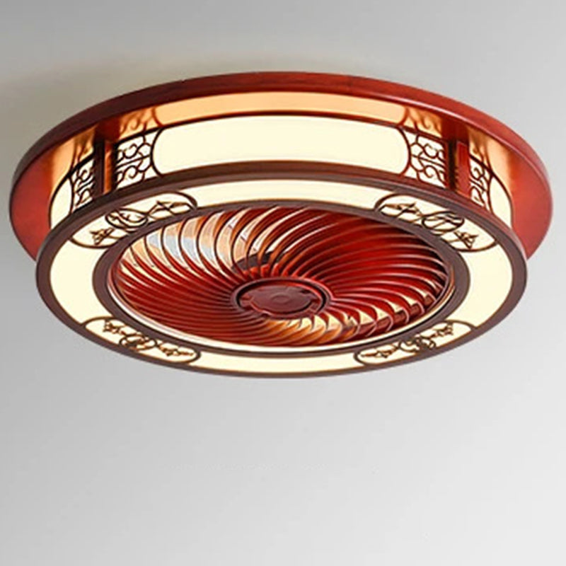 Traditionelles chinesisches rundes Wohlstandsmuster Holz Acryl Kupfer ABS LED Deckenventilatorlicht für Schlafzimmer 