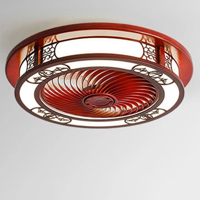 Traditionelles chinesisches rundes Wohlstandsmuster Holz Acryl Kupfer ABS LED Deckenventilatorlicht für Schlafzimmer 