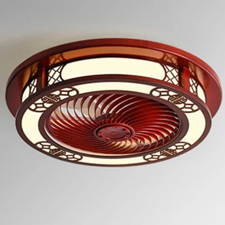 Traditionelles chinesisches rundes Wohlstandsmuster Holz Acryl Kupfer ABS LED Deckenventilatorlicht für Schlafzimmer 