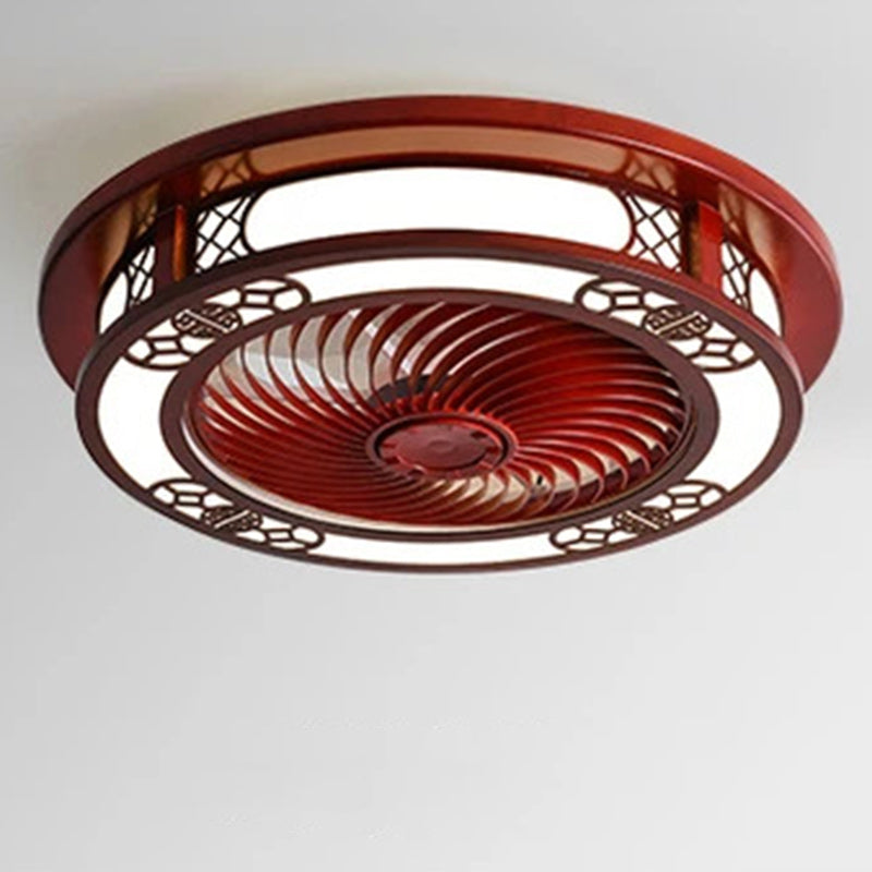 Traditionelles chinesisches rundes Wohlstandsmuster Holz Acryl Kupfer ABS LED Deckenventilatorlicht für Schlafzimmer 