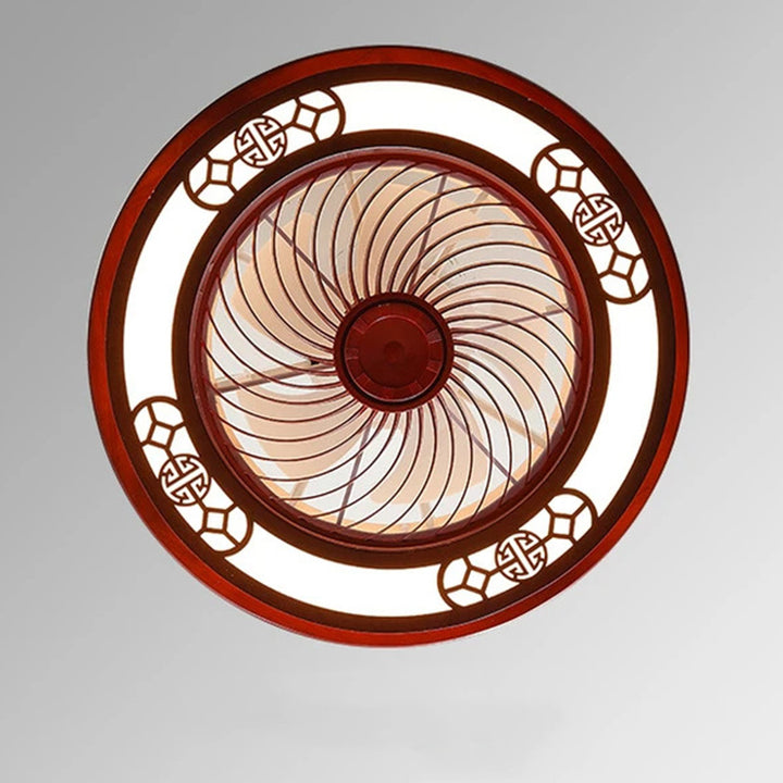 Traditionelles chinesisches rundes Wohlstandsmuster Holz Acryl Kupfer ABS LED Deckenventilatorlicht für Schlafzimmer 