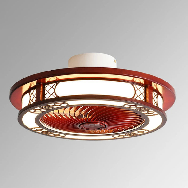 Traditionelles chinesisches rundes Wohlstandsmuster Holz Acryl Kupfer ABS LED Deckenventilatorlicht für Schlafzimmer 