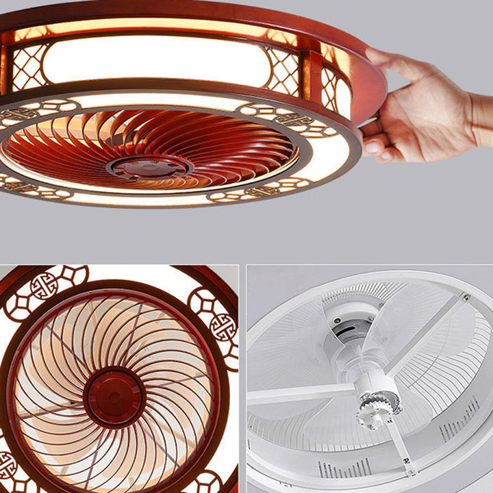 Traditionelles chinesisches rundes Wohlstandsmuster Holz Acryl Kupfer ABS LED Deckenventilatorlicht für Schlafzimmer 