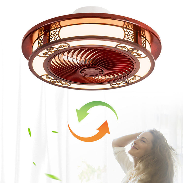 Traditionelles chinesisches rundes Wohlstandsmuster Holz Acryl Kupfer ABS LED Deckenventilatorlicht für Schlafzimmer 