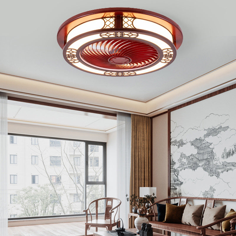 Traditionelles chinesisches rundes Wohlstandsmuster Holz Acryl Kupfer ABS LED Deckenventilatorlicht für Schlafzimmer 