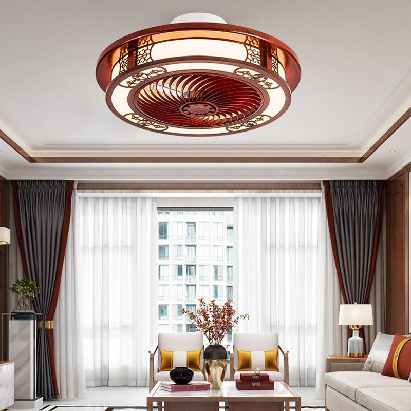 Traditionelles chinesisches rundes Wohlstandsmuster Holz Acryl Kupfer ABS LED Deckenventilatorlicht für Schlafzimmer 