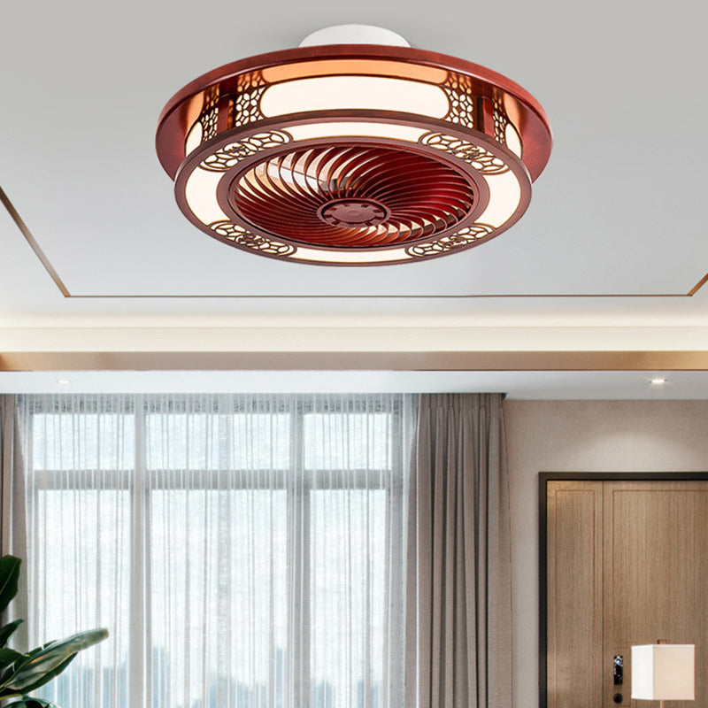 Traditionelles chinesisches rundes Wohlstandsmuster Holz Acryl Kupfer ABS LED Deckenventilatorlicht für Schlafzimmer 