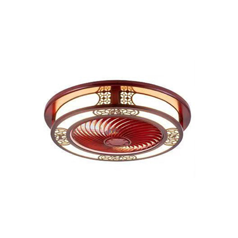 Traditionelles chinesisches rundes Wohlstandsmuster Holz Acryl Kupfer ABS LED Deckenventilatorlicht für Schlafzimmer 