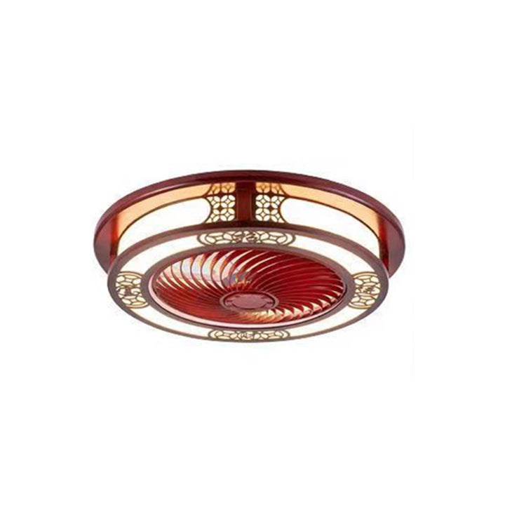 Traditionelles chinesisches rundes Wohlstandsmuster Holz Acryl Kupfer ABS LED Deckenventilatorlicht für Schlafzimmer 