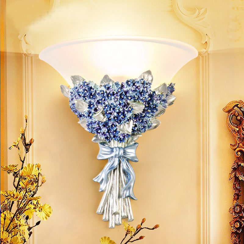 Traditional European Resin Glass Hardware Flower Frosted Horn 1-Light Wall Sconce Lamp For Living Room