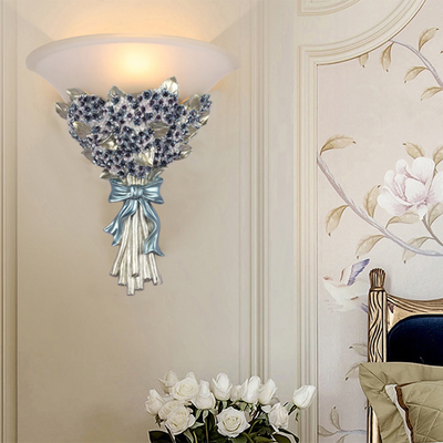 Traditional European Resin Glass Hardware Flower Frosted Horn 1-Light Wall Sconce Lamp For Living Room