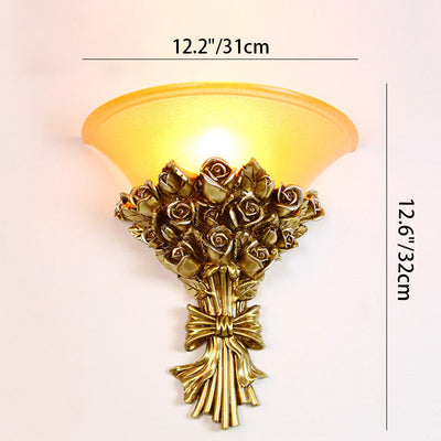 Traditional European Resin Glass Hardware Flower Frosted Horn 1-Light Wall Sconce Lamp For Living Room