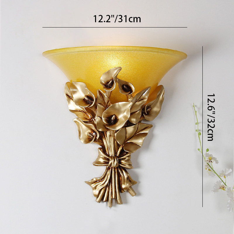 Traditional European Resin Glass Hardware Flower Frosted Horn 1-Light Wall Sconce Lamp For Living Room