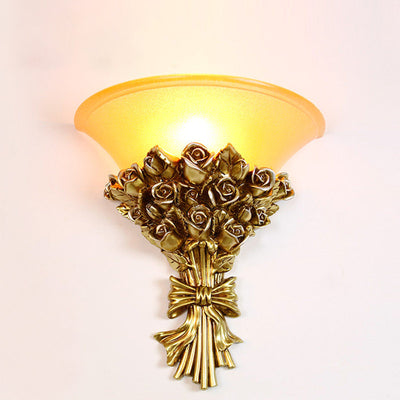 Traditional European Resin Glass Hardware Flower Frosted Horn 1-Light Wall Sconce Lamp For Living Room