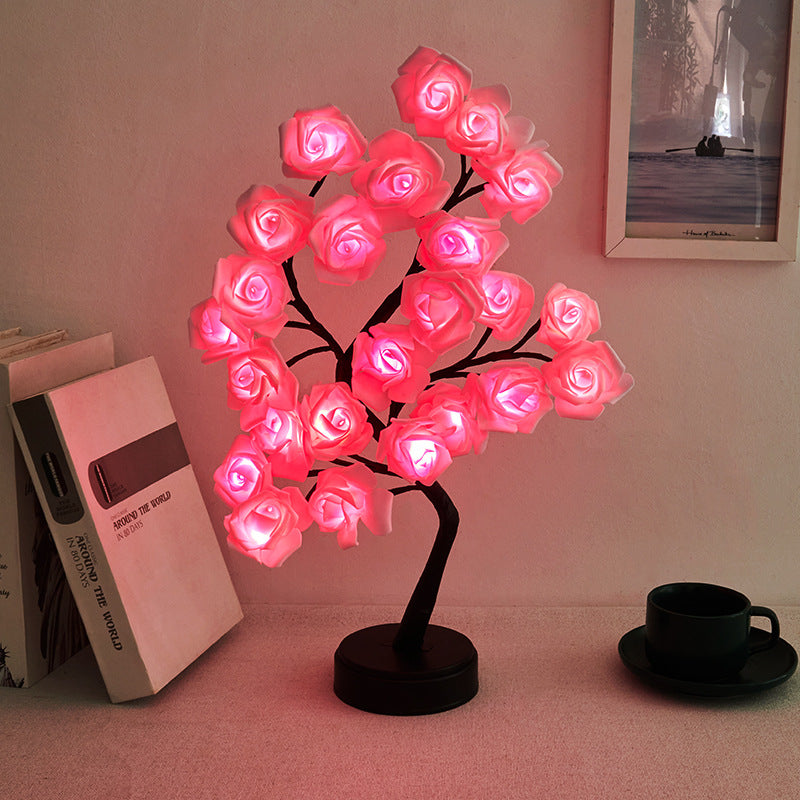 モダンアールデコ ローズツリーブランチ メープルリーフ プラスチック USB LED テーブルランプ ナイトライト 寝室用 