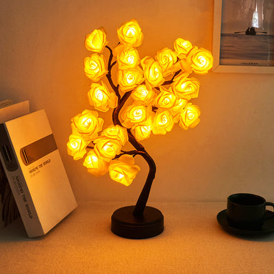 モダンアールデコ ローズツリーブランチ メープルリーフ プラスチック USB LED テーブルランプ ナイトライト 寝室用 