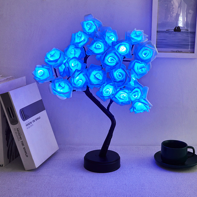 モダンアールデコ ローズツリーブランチ メープルリーフ プラスチック USB LED テーブルランプ ナイトライト 寝室用 