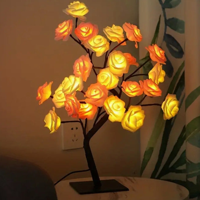 モダンアールデコ ローズツリーブランチ メープルリーフ プラスチック USB LED テーブルランプ ナイトライト 寝室用 