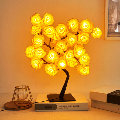 モダンアールデコ ローズツリーブランチ メープルリーフ プラスチック USB LED テーブルランプ ナイトライト 寝室用 