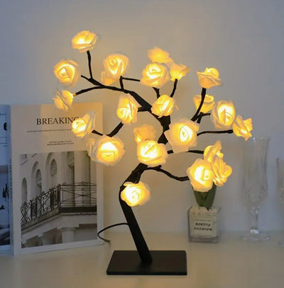 モダンアールデコ ローズツリーブランチ メープルリーフ プラスチック USB LED テーブルランプ ナイトライト 寝室用 