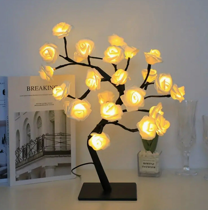 モダンアールデコ ローズツリーブランチ メープルリーフ プラスチック USB LED テーブルランプ ナイトライト 寝室用 
