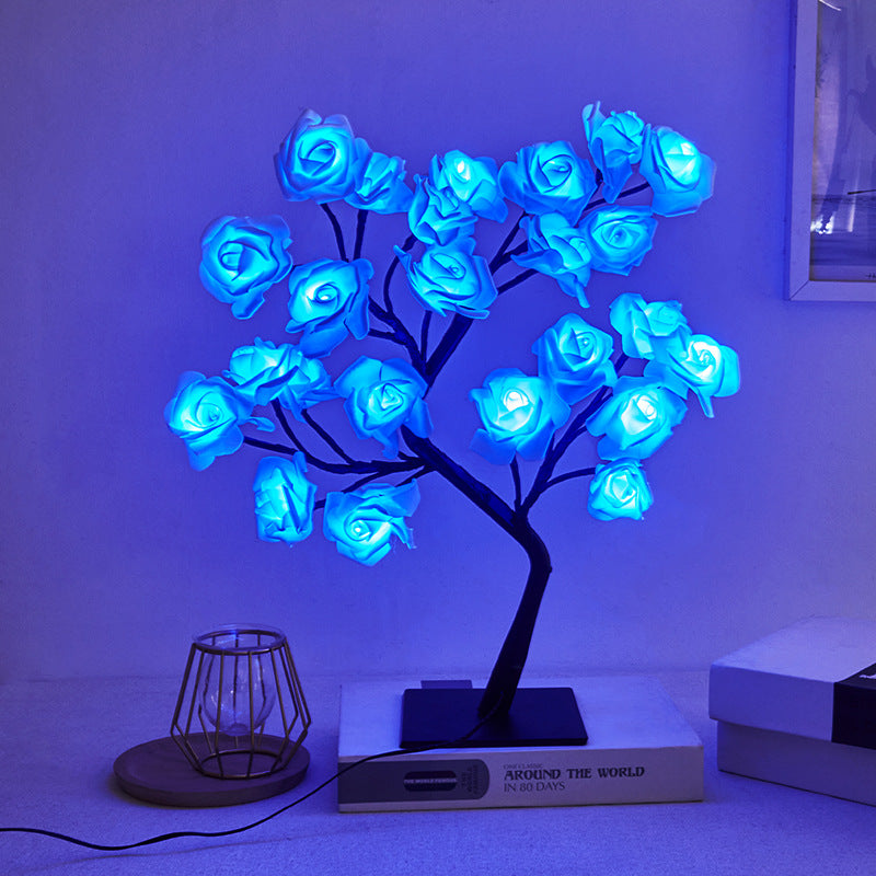 モダンアールデコ ローズツリーブランチ メープルリーフ プラスチック USB LED テーブルランプ ナイトライト 寝室用 