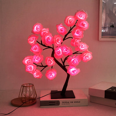 モダンアールデコ ローズツリーブランチ メープルリーフ プラスチック USB LED テーブルランプ ナイトライト 寝室用 