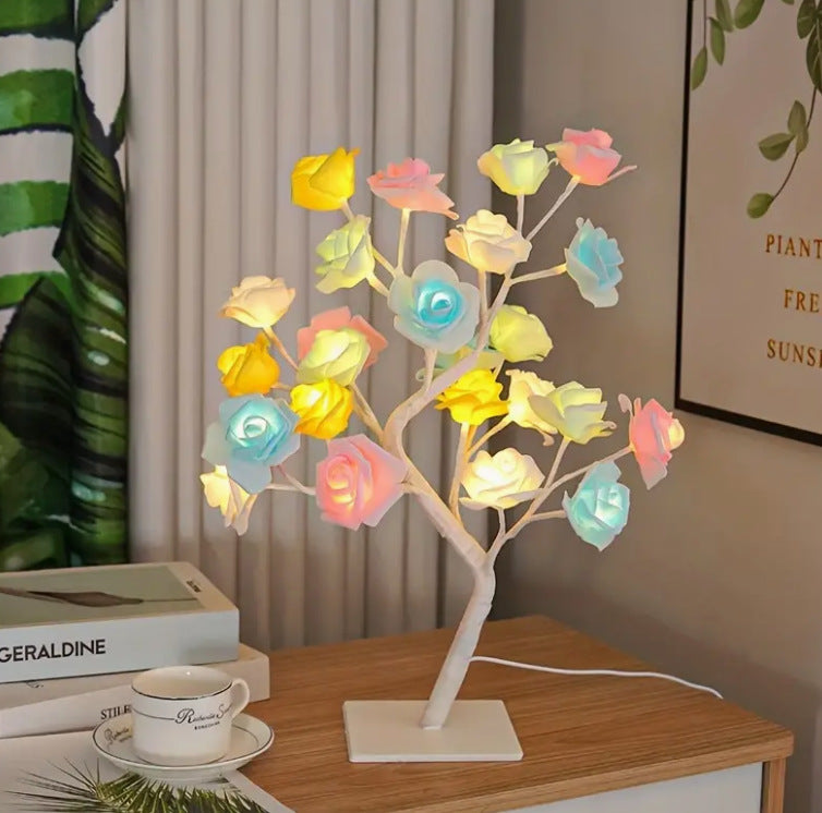 モダンアールデコ ローズツリーブランチ メープルリーフ プラスチック USB LED テーブルランプ ナイトライト 寝室用 