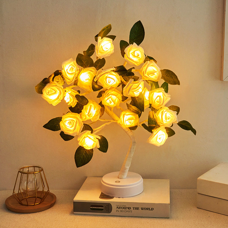 مصباح طاولة LED بلاستيكي على شكل فرع شجرة ورد ببطارية USB بتصميم آرت ديكو حديث للغرفة 