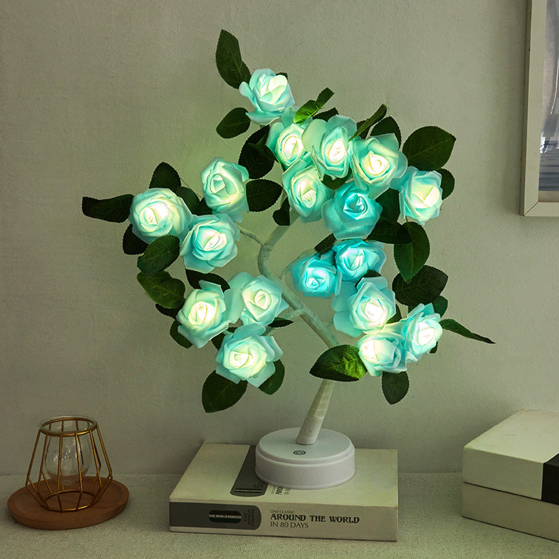 مصباح طاولة LED بلاستيكي على شكل فرع شجرة ورد ببطارية USB بتصميم آرت ديكو حديث للغرفة 