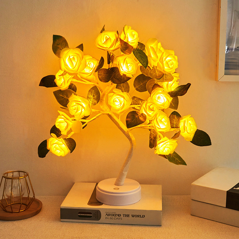 مصباح طاولة LED بلاستيكي على شكل فرع شجرة ورد ببطارية USB بتصميم آرت ديكو حديث للغرفة 