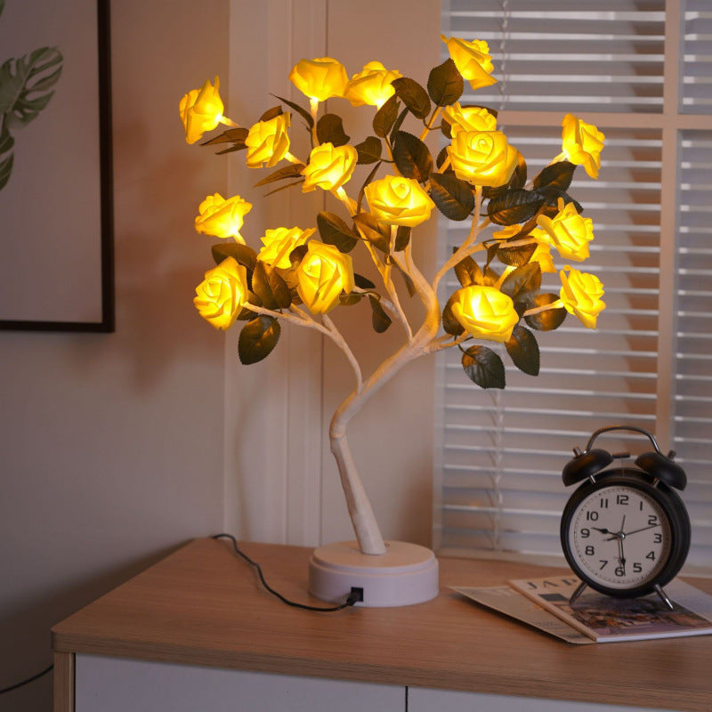 مصباح طاولة LED بلاستيكي على شكل فرع شجرة ورد ببطارية USB بتصميم آرت ديكو حديث للغرفة 