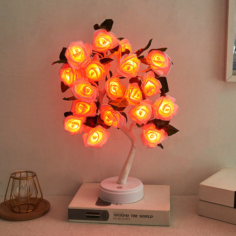 مصباح طاولة LED بلاستيكي على شكل فرع شجرة ورد ببطارية USB بتصميم آرت ديكو حديث للغرفة 