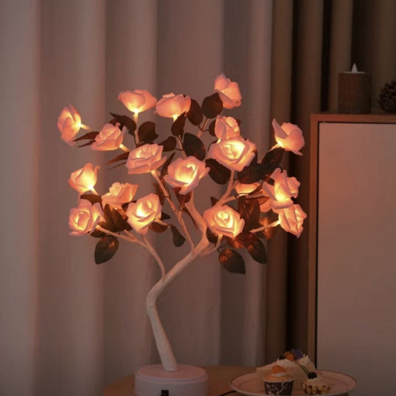 مصباح طاولة LED بلاستيكي على شكل فرع شجرة ورد ببطارية USB بتصميم آرت ديكو حديث للغرفة 