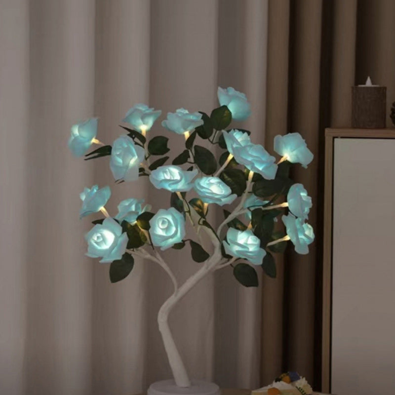 مصباح طاولة LED بلاستيكي على شكل فرع شجرة ورد ببطارية USB بتصميم آرت ديكو حديث للغرفة 