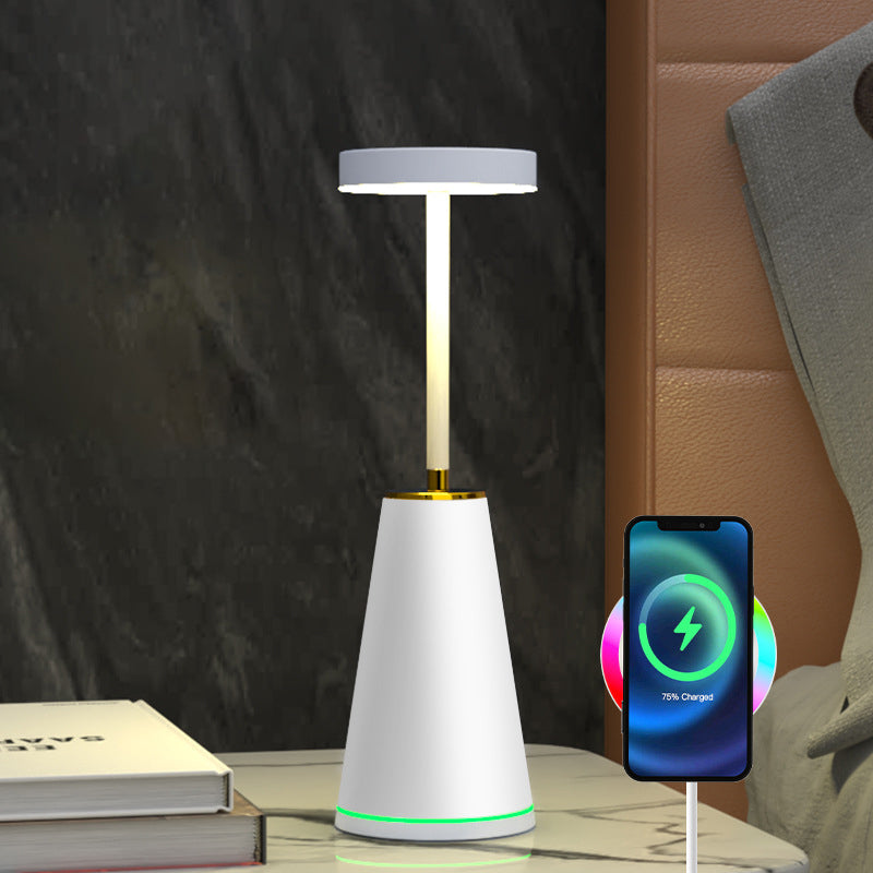 Lámpara de mesa LED de columna redonda con carga inalámbrica de PC de hierro impermeable de simplicidad moderna para mesita de noche 