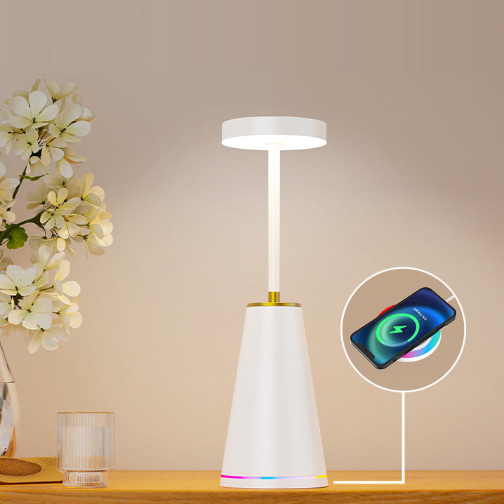 Lámpara de mesa LED de columna redonda con carga inalámbrica de PC de hierro impermeable de simplicidad moderna para mesita de noche 