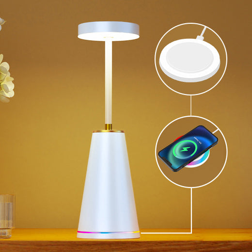 Lámpara de mesa LED de columna redonda con carga inalámbrica de PC de hierro impermeable de simplicidad moderna para mesita de noche 