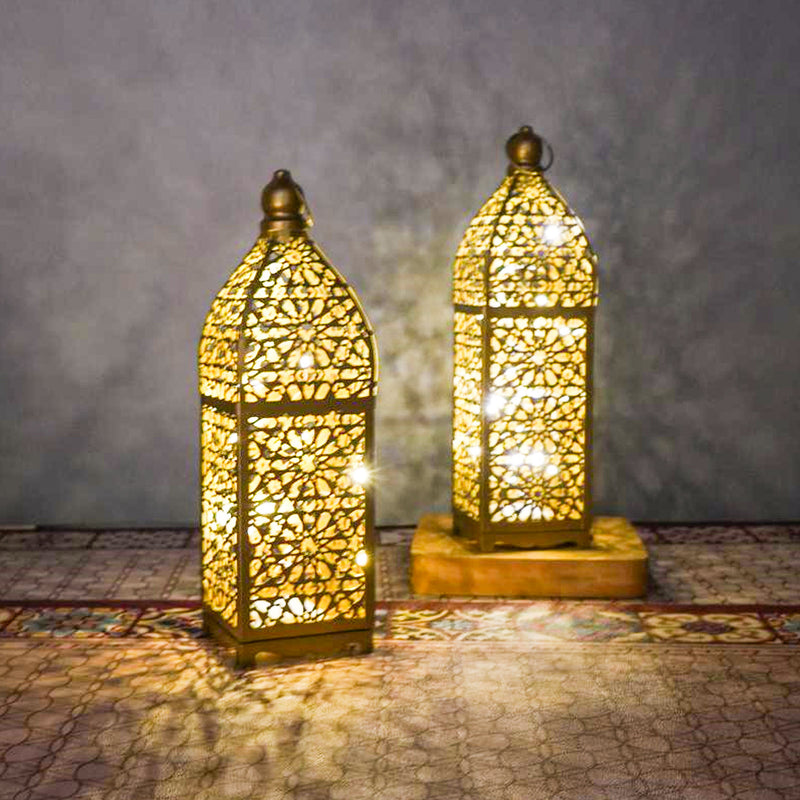 مصباح طاولة LED زخرفي على شكل فانوس مجوف من الحديد بوهيمي معاصر يعمل بالبطارية، ضوء ليلي لغرفة النوم 