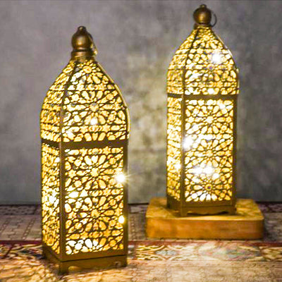 مصباح طاولة LED زخرفي على شكل فانوس مجوف من الحديد بوهيمي معاصر يعمل بالبطارية، ضوء ليلي لغرفة النوم 