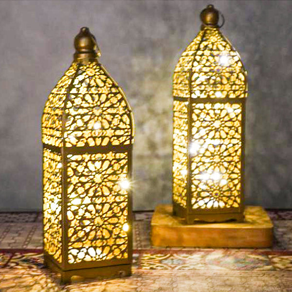 مصباح طاولة LED زخرفي على شكل فانوس مجوف من الحديد بوهيمي معاصر يعمل بالبطارية، ضوء ليلي لغرفة النوم 