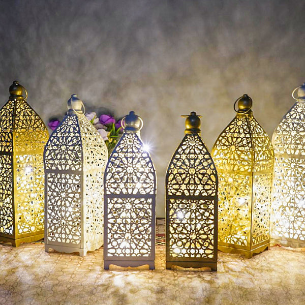 مصباح طاولة LED زخرفي على شكل فانوس مجوف من الحديد بوهيمي معاصر يعمل بالبطارية، ضوء ليلي لغرفة النوم 