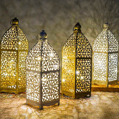 مصباح طاولة LED زخرفي على شكل فانوس مجوف من الحديد بوهيمي معاصر يعمل بالبطارية، ضوء ليلي لغرفة النوم 