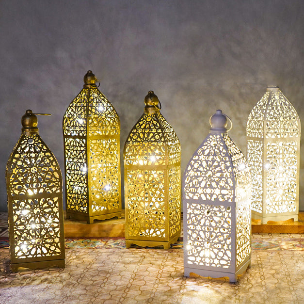 مصباح طاولة LED زخرفي على شكل فانوس مجوف من الحديد بوهيمي معاصر يعمل بالبطارية، ضوء ليلي لغرفة النوم 