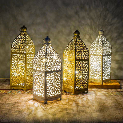 مصباح طاولة LED زخرفي على شكل فانوس مجوف من الحديد بوهيمي معاصر يعمل بالبطارية، ضوء ليلي لغرفة النوم 